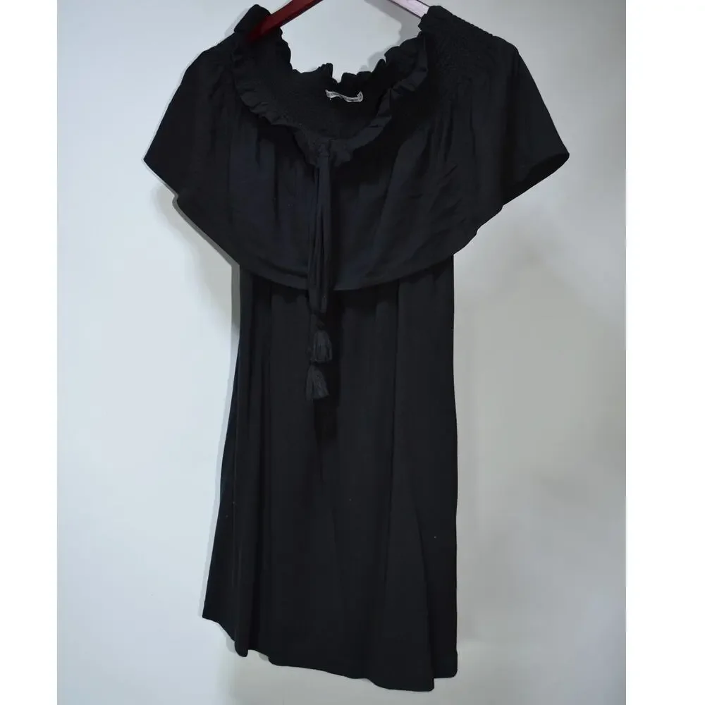 Rebecca Minkoff Black Off Shoulder Ruffle Smocked Dress Tassel Tie